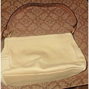Cornhusk Yellow Fabric Fossil Hobo HandBag w Leather Strap & Wood Rings Boho 80s